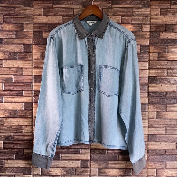 NWT EESome Small CONTRAST TENCEL DENIM TOP Blue & Gray - Picture 2 of 9